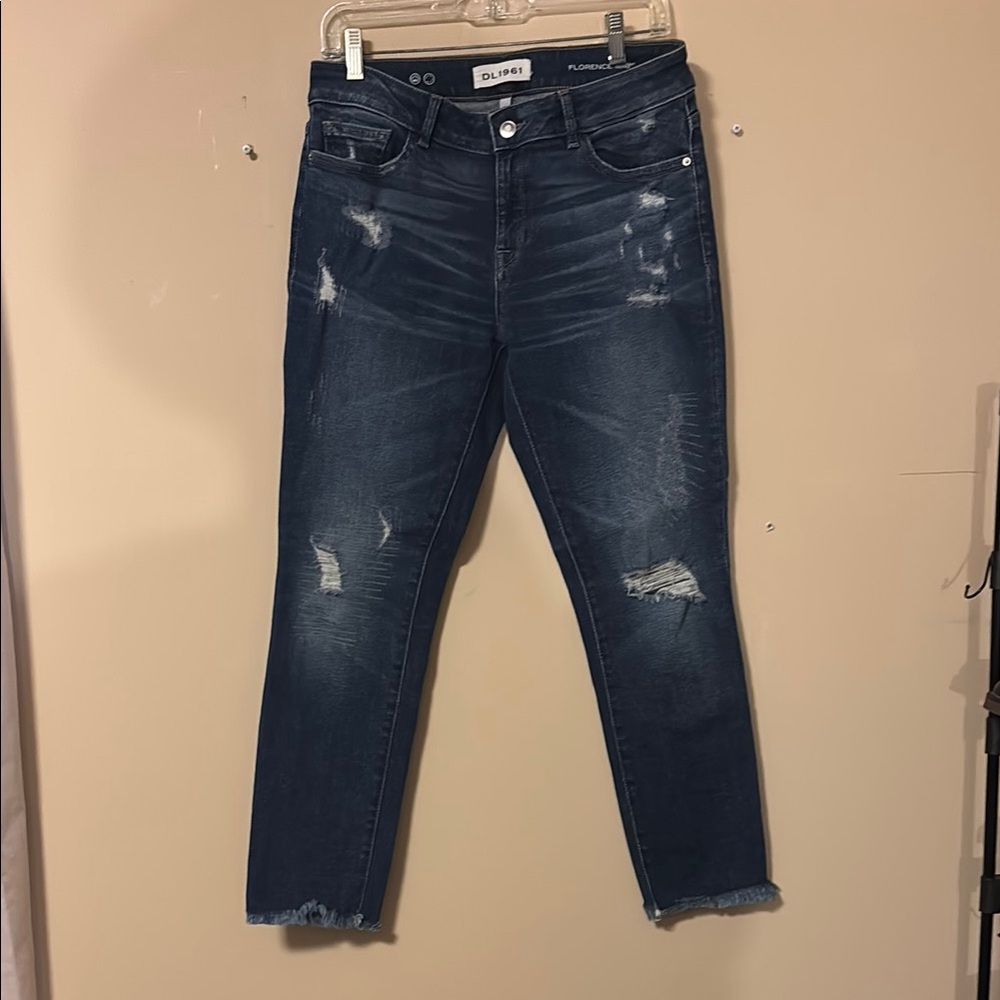 DL1961 Blue Ankle Cropped Jeans with Distressed Details